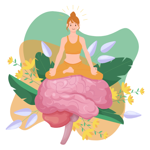 Obrazek przedstawiający medytującą kobietę, siedzącą na mózgu - strona książki Zmysły - Twoje ukryte moce Kinga Ludwikowska